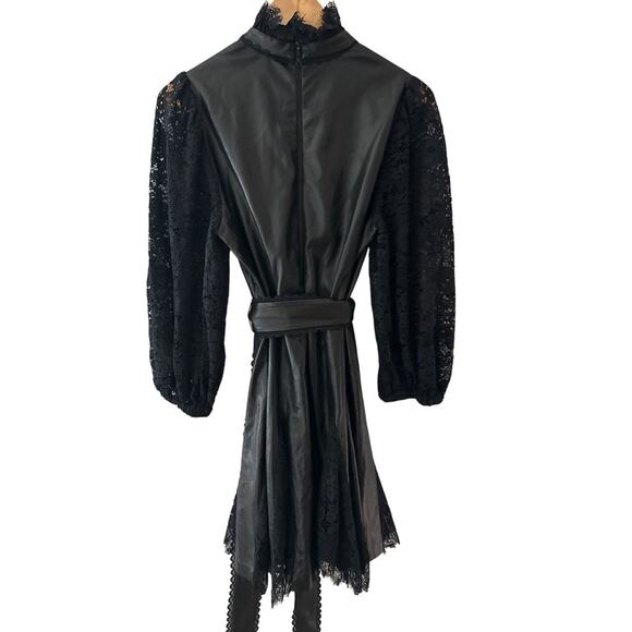 Alice + Olivia Mina Lace Sleeve Black Vegan Leather Dress Size 8 - Picture 8 of 12
